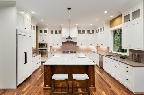 large wooden marble top kitchen